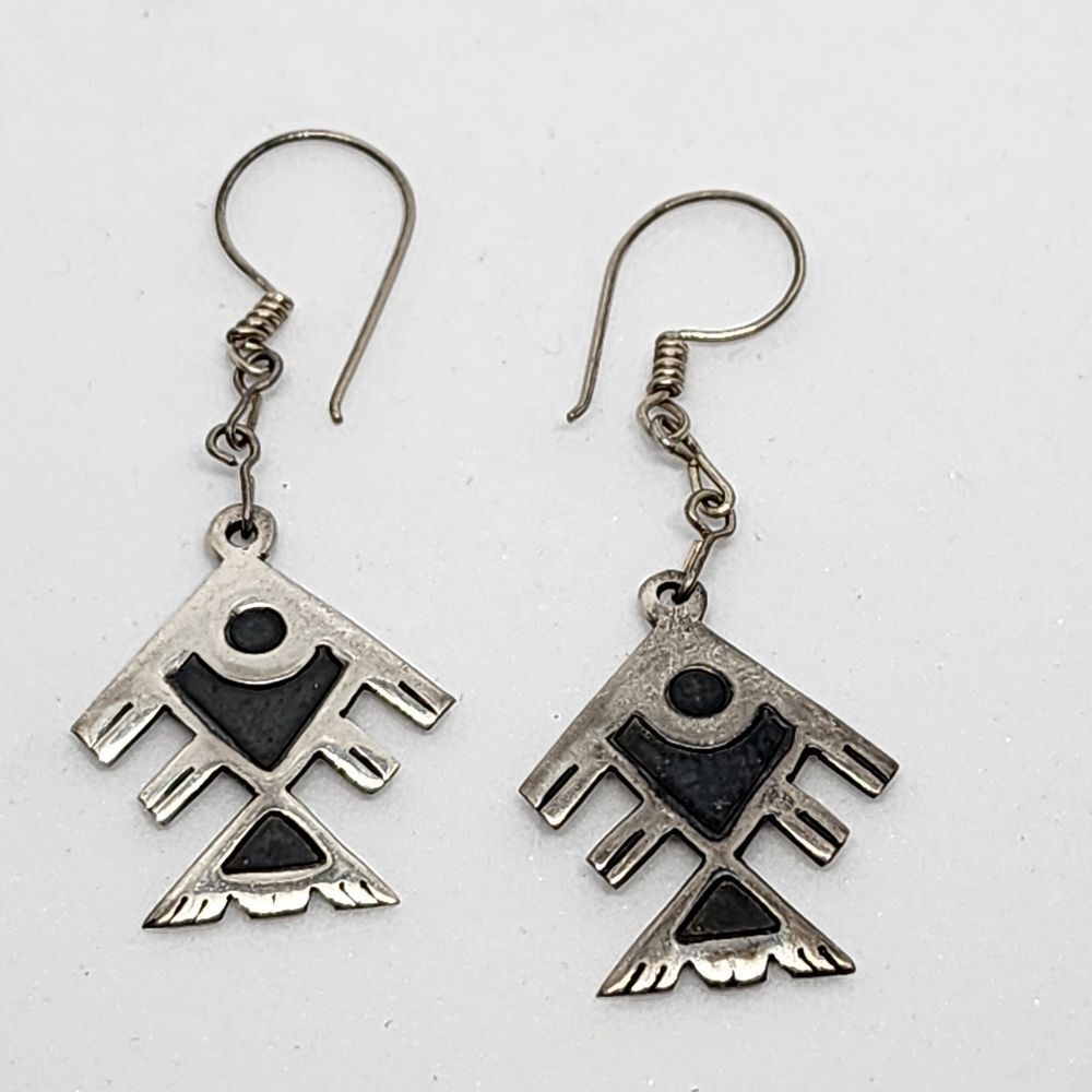 Vintage 925 Sterling Silver Fish Drop Dangle French Wire Hook Earrings Native